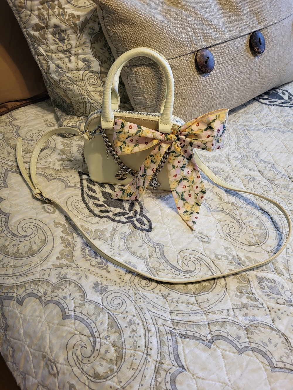 Steve Madden Women's Cream Mini Satchel with Floral Scarf Accent